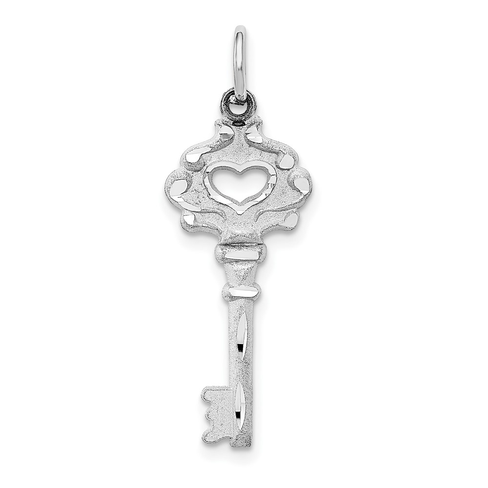 14K White Gold Diamond-cut Heart Key Charm