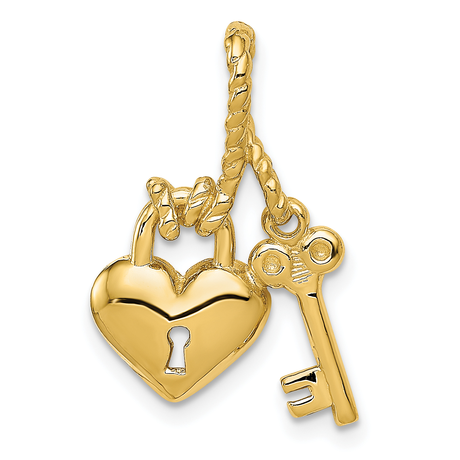 14K Polished Key Tied to Heart Lock Charm (D1071)