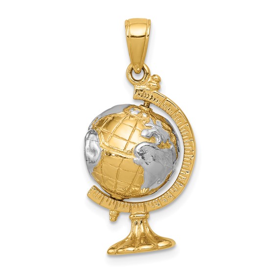 14K and White Rhodium 3-D Moveable Globe Pendant