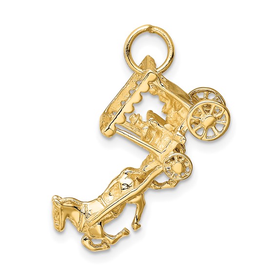 14k Solid Polished 3-D Horse and Carriage with Moveable Wheels Charm