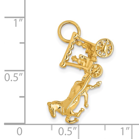 14k Solid Polished 3-D Horse and Carriage with Moveable Wheels Charm