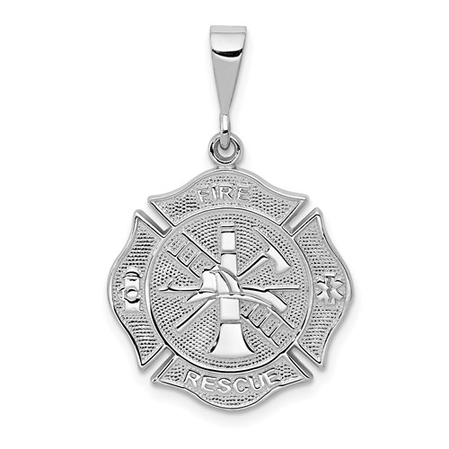 14K White Gold Fire Rescue Badge Pendant