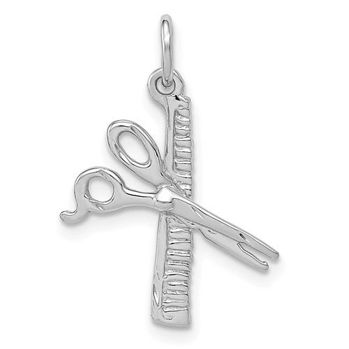 14K White Gold Satin Diamond-cut Comb and Scissors Charm