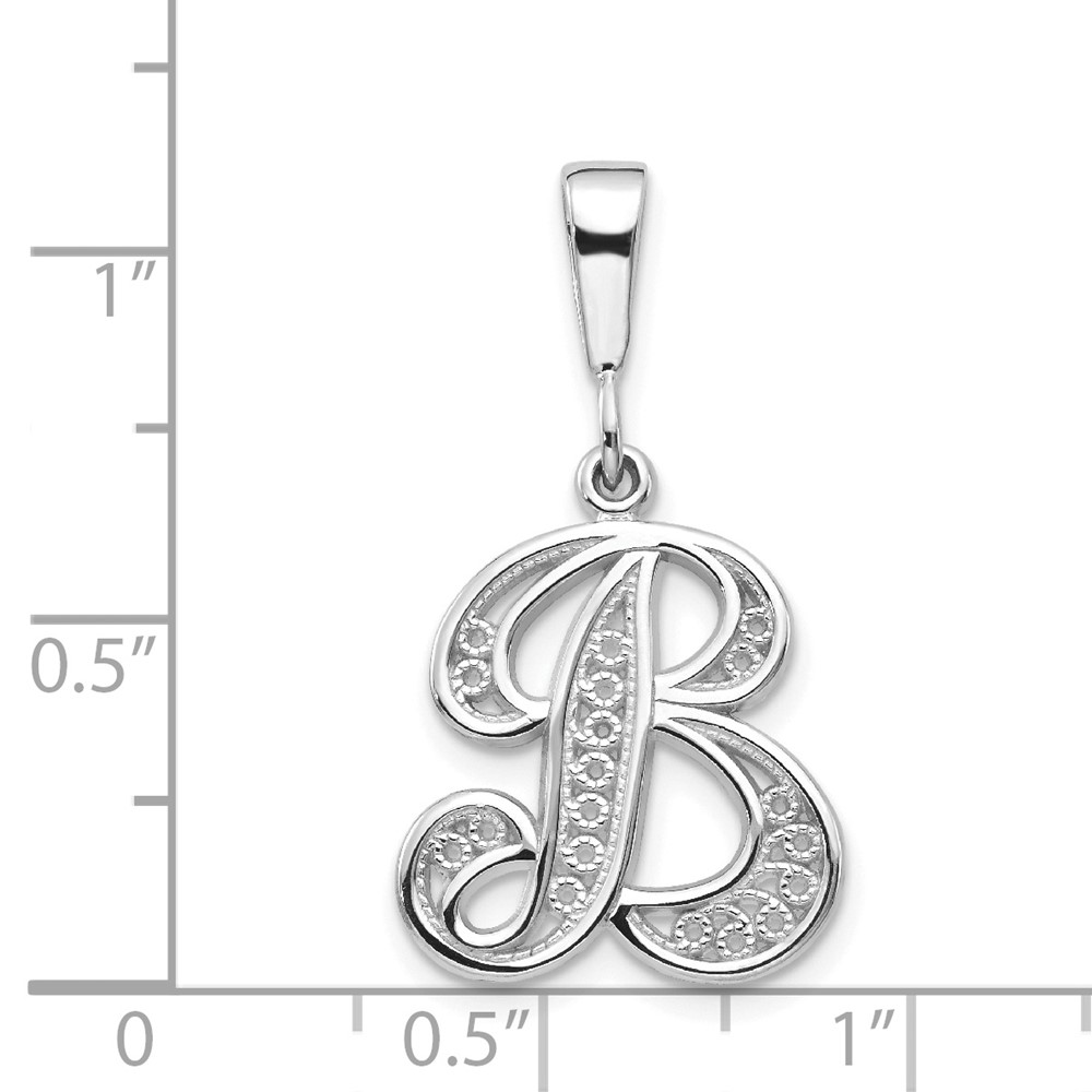 14KW White Gold Solid Polished Script Filigree Letter B Initial Pendant (D1281B)
