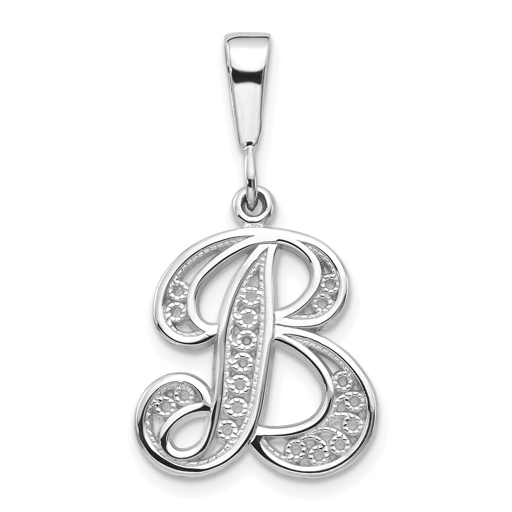 14KW White Gold Solid Polished Script Filigree Letter B Initial Pendant (D1281B)