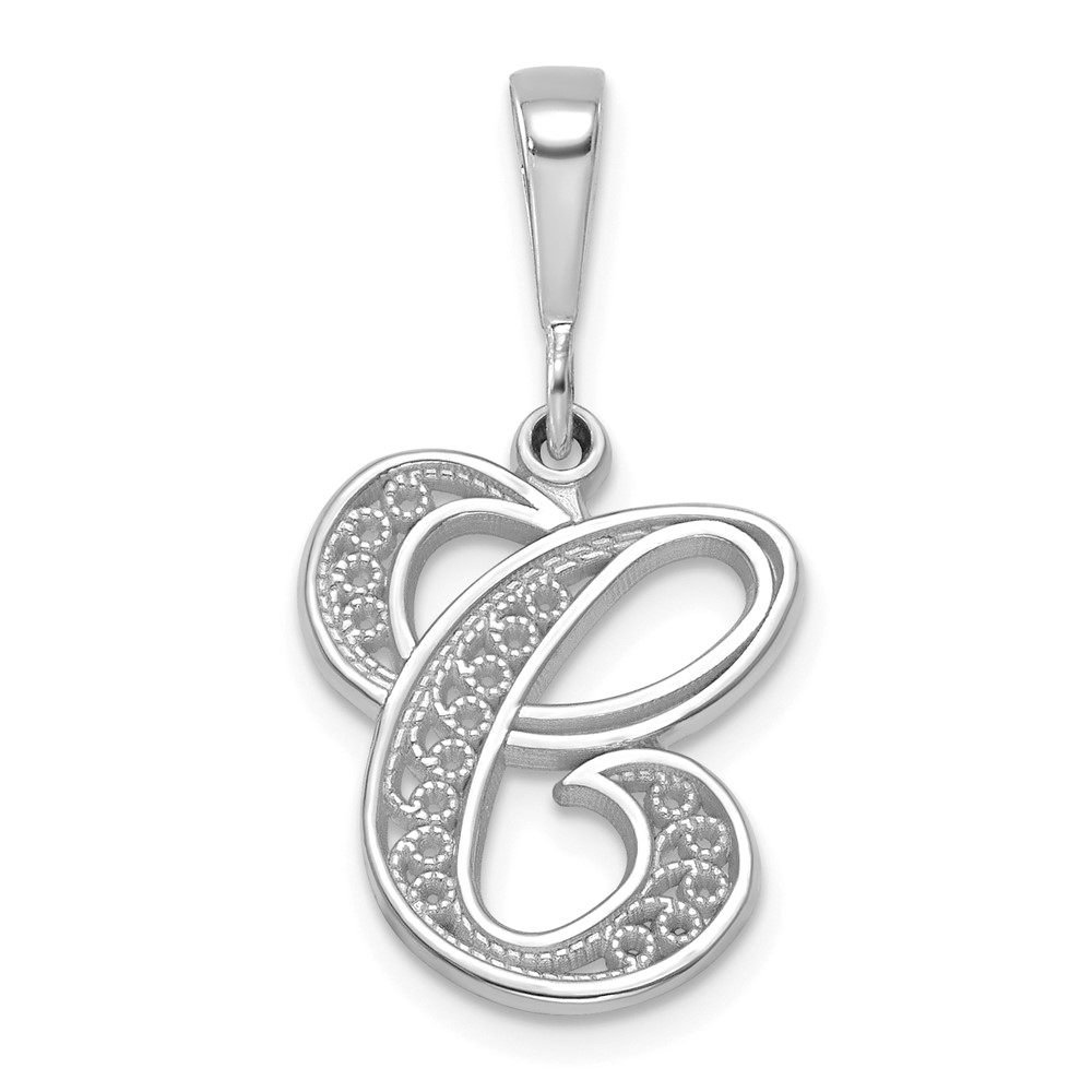 14KW White Gold Solid Polished Script Filigree Letter C Initial Pendant