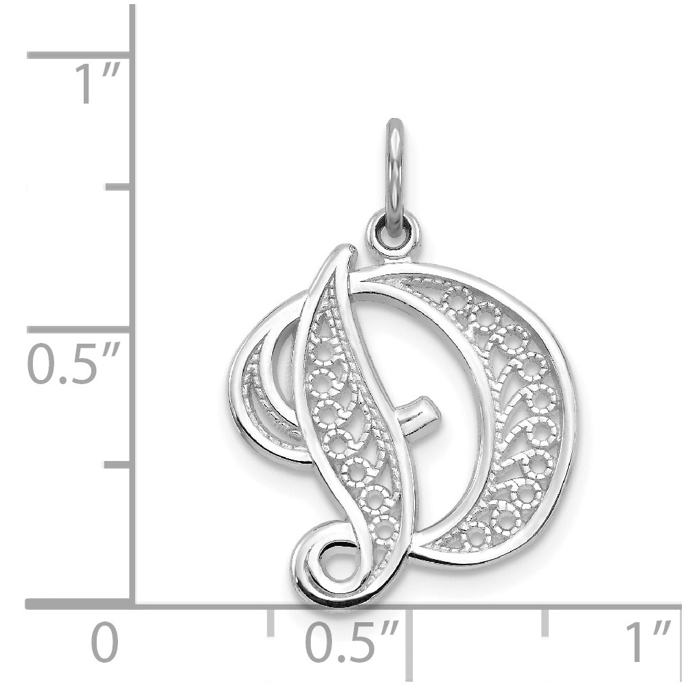 14KW White Gold Solid Polished Script Filigree Letter D Initial Pendant (D1281D)