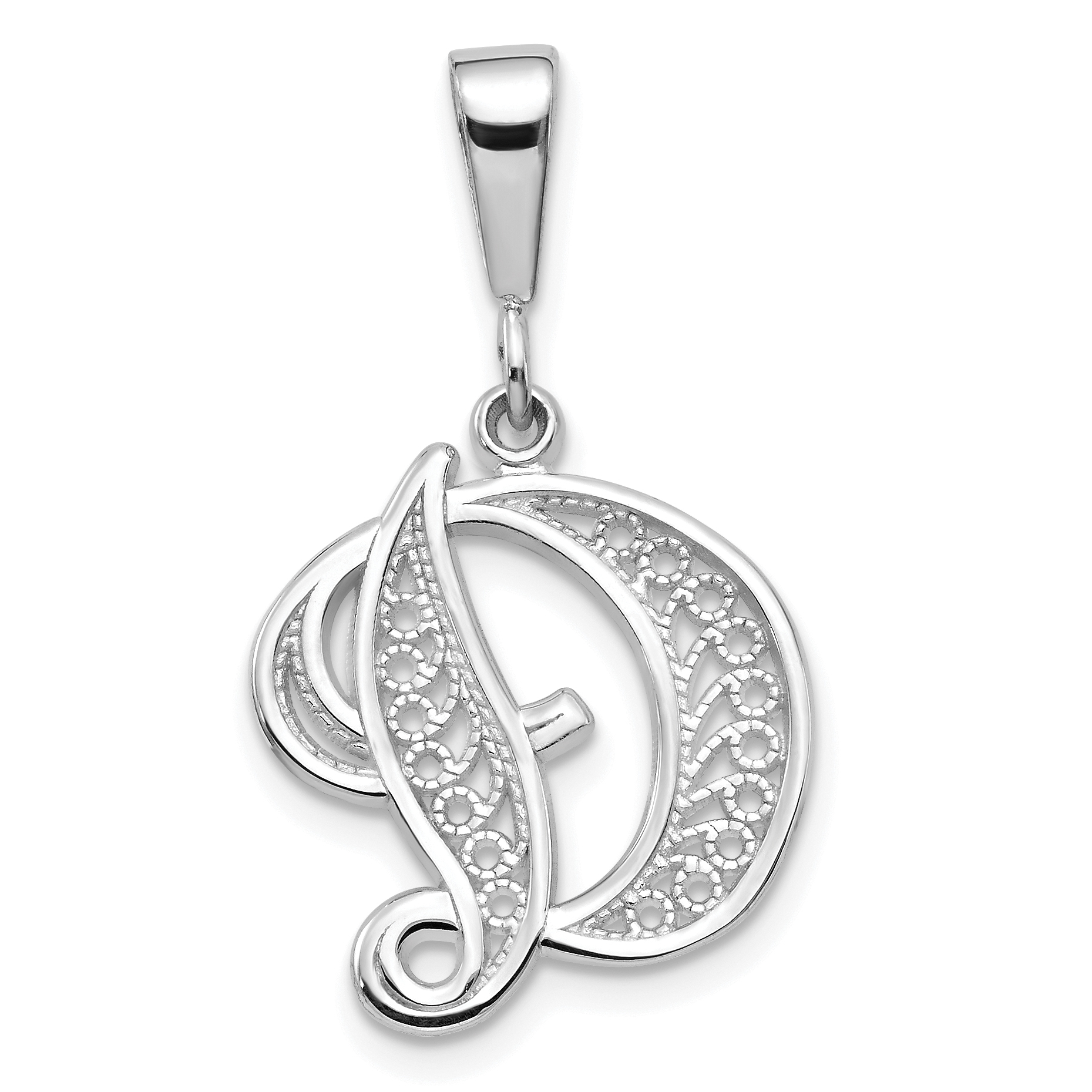 14KW White Gold Solid Polished Script Filigree Letter D Initial Pendant (D1281D)