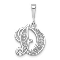 14K White Gold Solid Polished Script Filigree Letter D Initial Pendant view 1