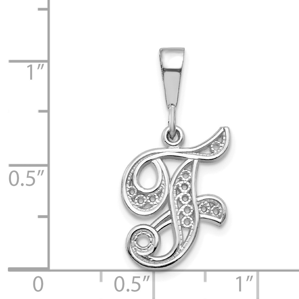 14KW White Gold Solid Polished Script Filigree Letter F Initial Pendant (D1281F)