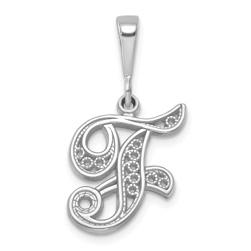 14K White Gold Solid Polished Script Filigree Letter F Initial Pendant