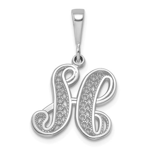 14K White Gold Solid Polished Script Filigree Letter H Initial Pendant