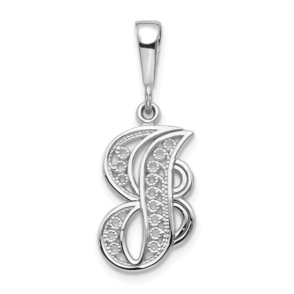 14KW White Gold Solid Polished Script Filigree Letter J Initial Pendant (D1281J)