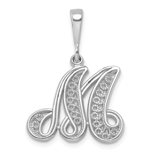 14K White Gold Solid Polished Script Filigree Letter M Initial Pendant