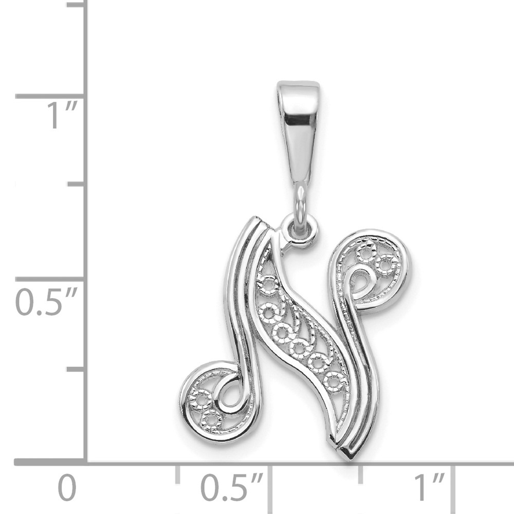 14KW White Gold Solid Polished Script Filigree Letter N Initial Pendant (D1281N)