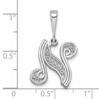 14K White Gold Solid Polished Script Filigree Letter N Initial Pendant view 4