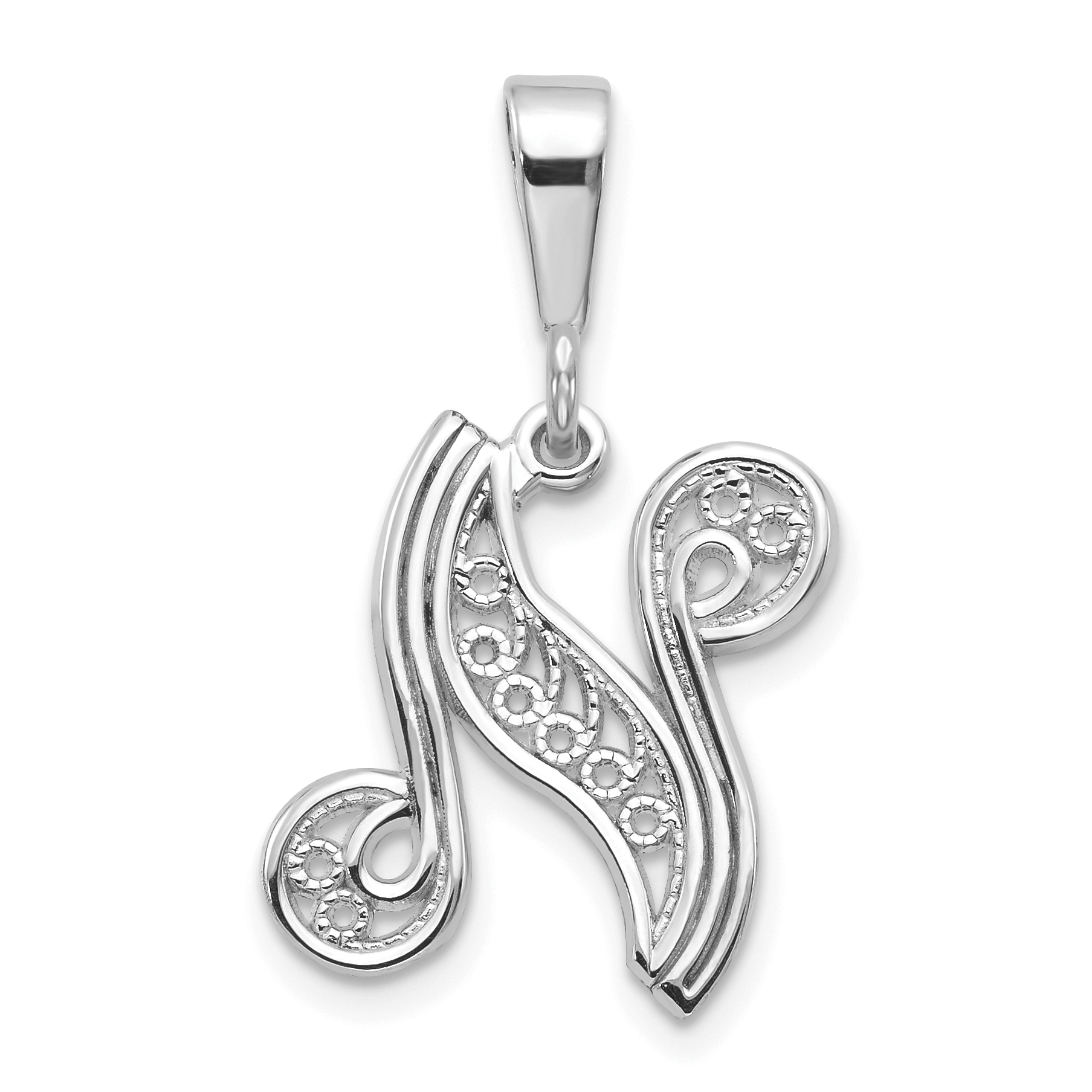 14KW White Gold Solid Polished Script Filigree Letter N Initial Pendant (D1281N)