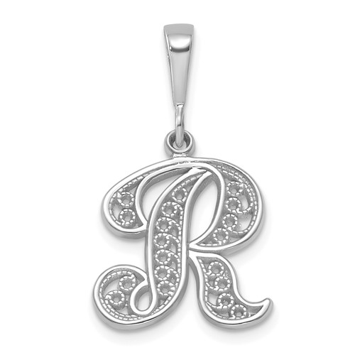 14K White Gold Solid Polished Script Filigree Letter R Initial Pendant