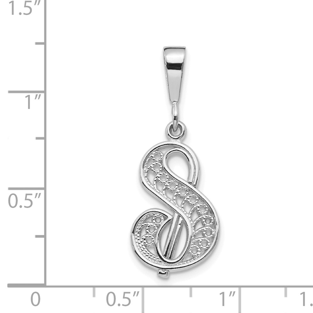 14KW White Gold Solid Polished Script Filigree Letter S Initial Pendant (D1281S)
