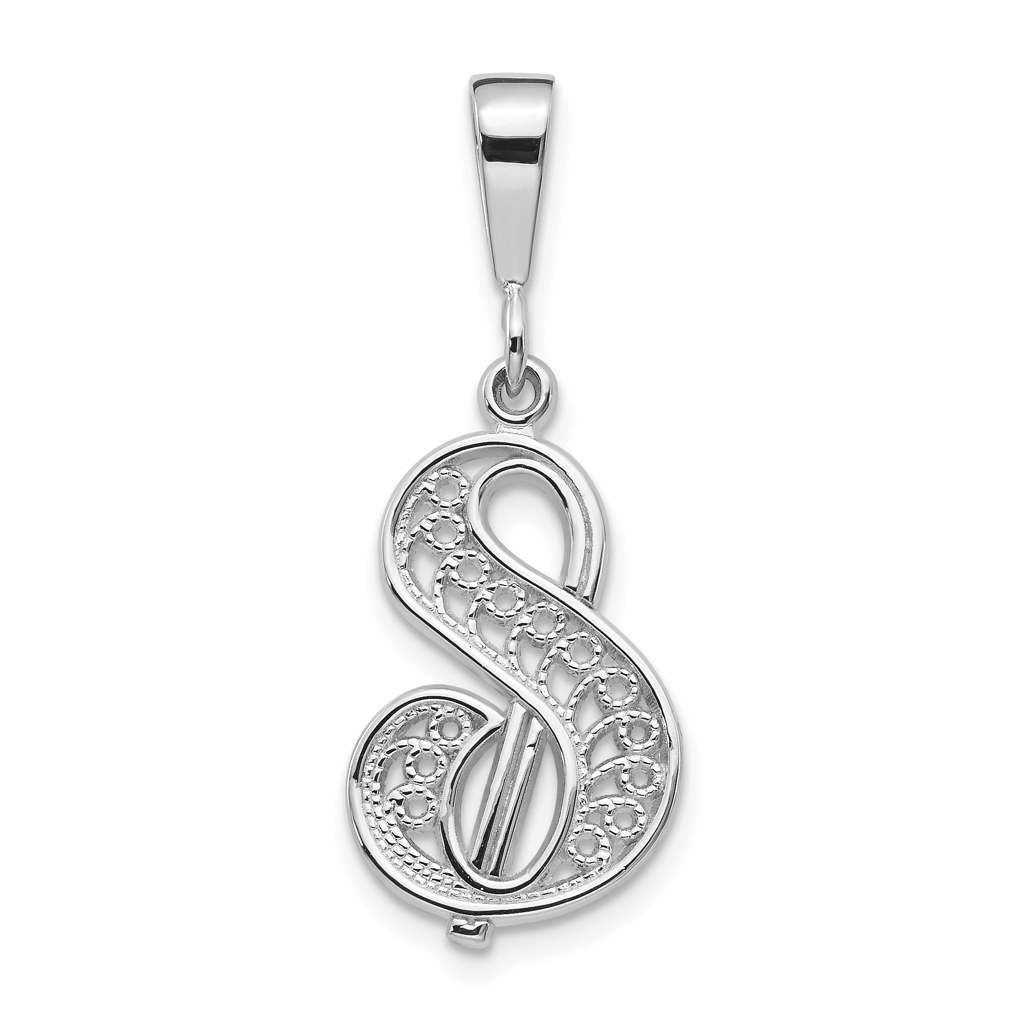 14KW White Gold Solid Polished Script Filigree Letter S Initial Pendant (D1281S)