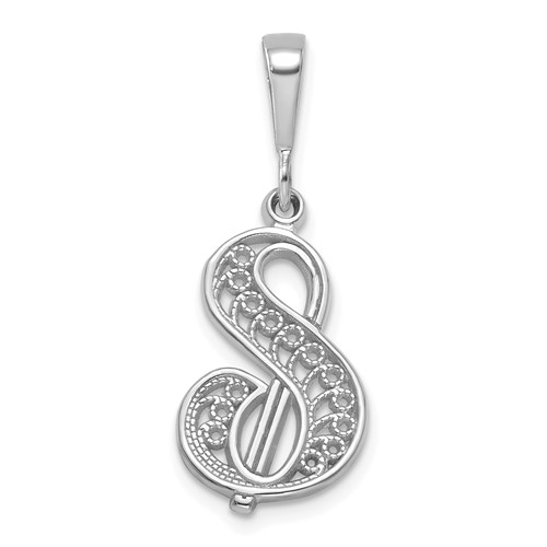 14K White Gold Solid Polished Script Filigree Letter S Initial Pendant