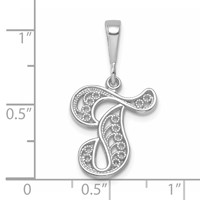 14K White Gold Solid Polished Script Filigree Letter T Initial Pendant view 4