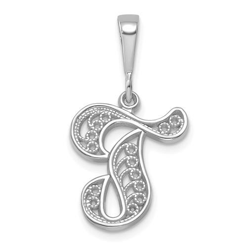 14K White Gold Solid Polished Script Filigree Letter T Initial Pendant
