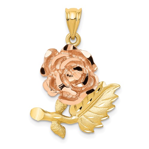 14K Two-Tone Solid Satin Diamond-cut Flower Pendant