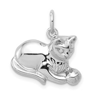 14K White Gold Solid Polished Open-Backed Cat with Ball Charm view 1
