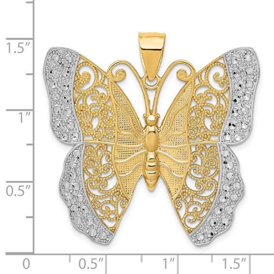 14k and White Rhodium Solid Polished Diamond-cut Filigree Butterfly Pendant