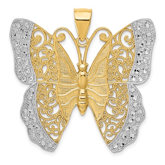 14k and White Rhodium Solid Polished Diamond-cut Filigree Butterfly Pendant