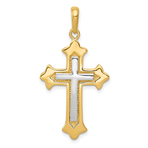 14K Two-tone Fleur De Lis Cross Pendant