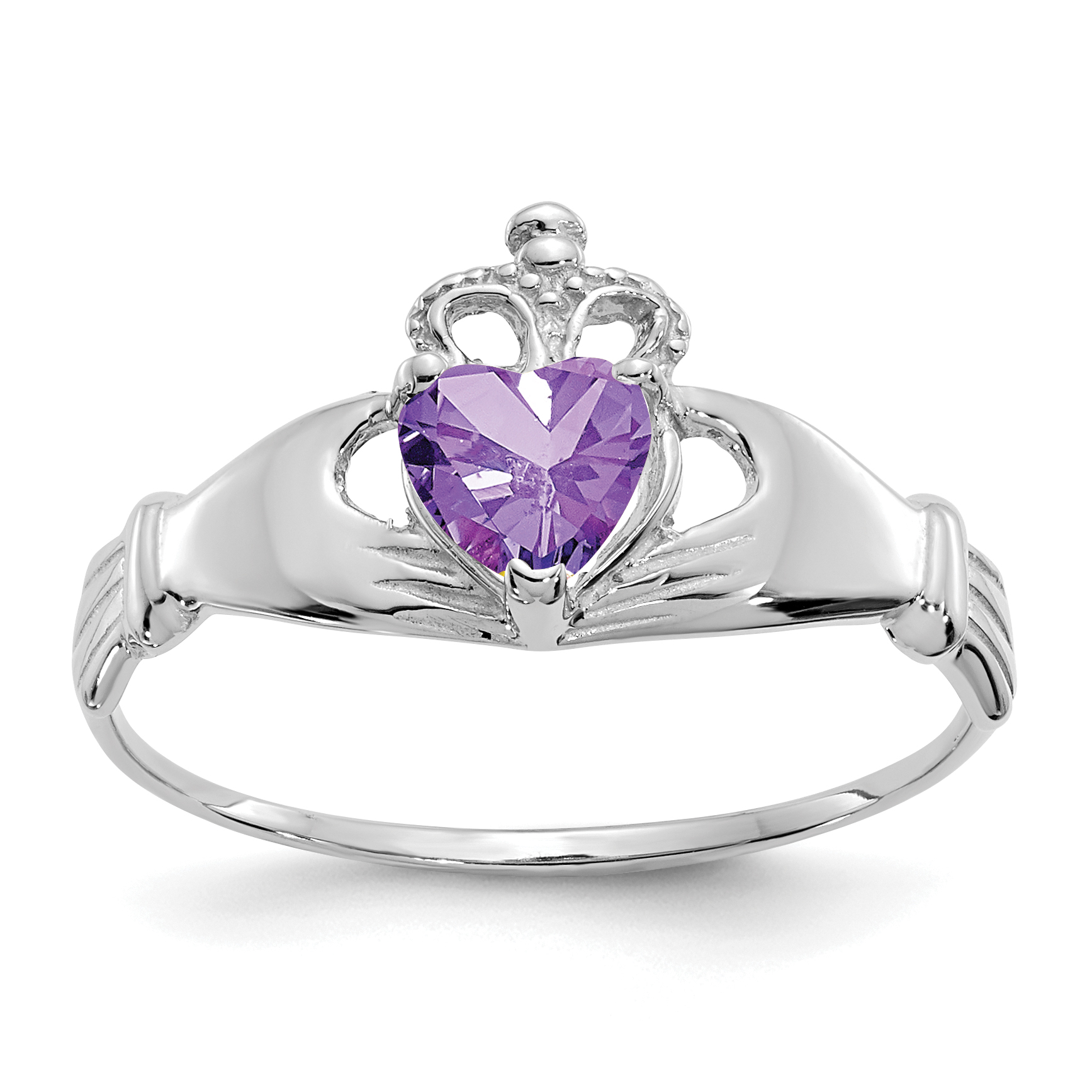 14k White Gold CZ February Birthstone Claddagh Heart Ring (D1781)