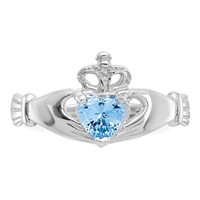 14K White Gold CZ March Birthstone Claddagh Heart Ring view 5