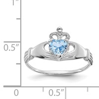 14K White Gold CZ March Birthstone Claddagh Heart Ring view 3