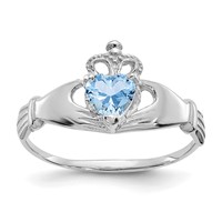 14K White Gold CZ March Birthstone Claddagh Heart Ring view 1