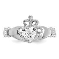 14K White Gold CZ April Birthstone Claddagh Heart Ring view 5