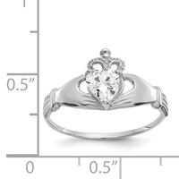 14K White Gold CZ April Birthstone Claddagh Heart Ring view 3