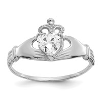 14K White Gold CZ April Birthstone Claddagh Heart Ring view 1
