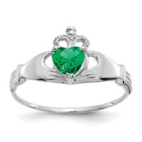 14K White Gold CZ May Birthstone Claddagh Heart Ring view 1