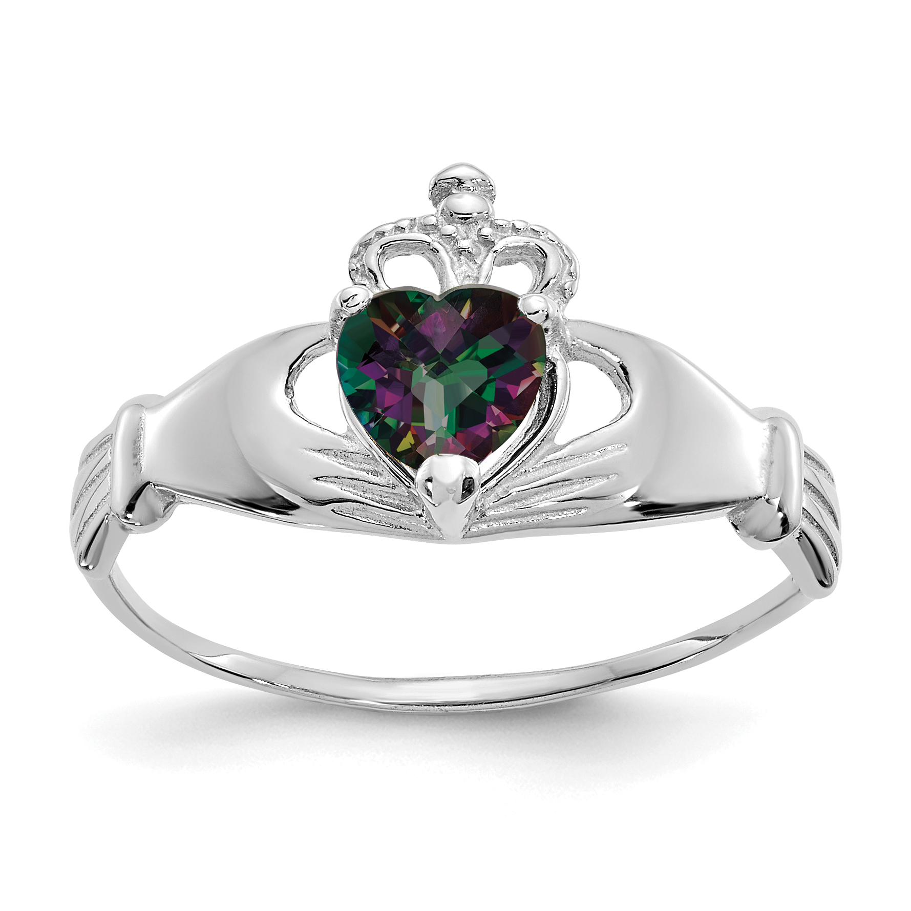 14k White Gold CZ June Birthstone Claddagh Heart Ring (D1785)