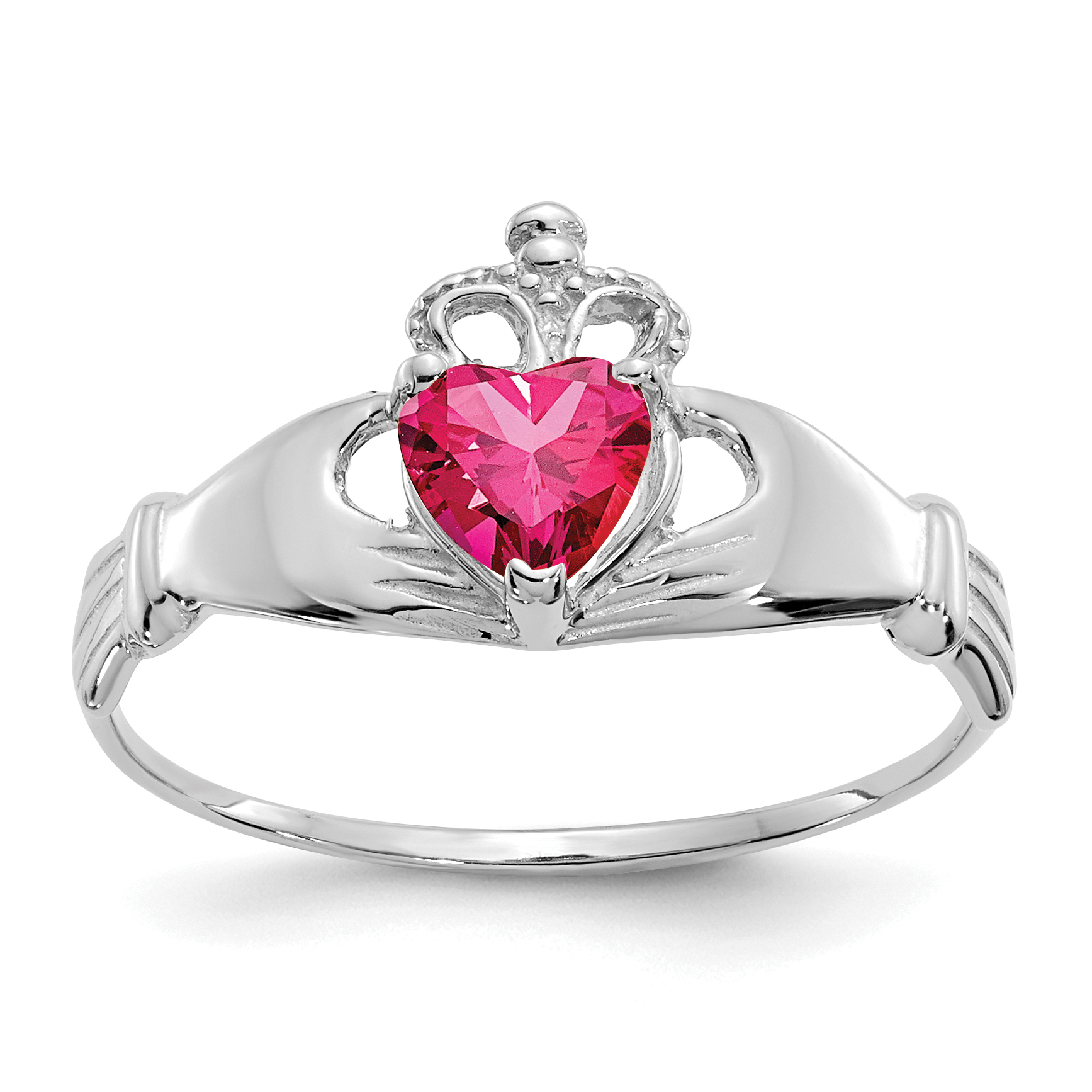 14k White Gold CZ July Birthstone Claddagh Heart Ring (D1786)