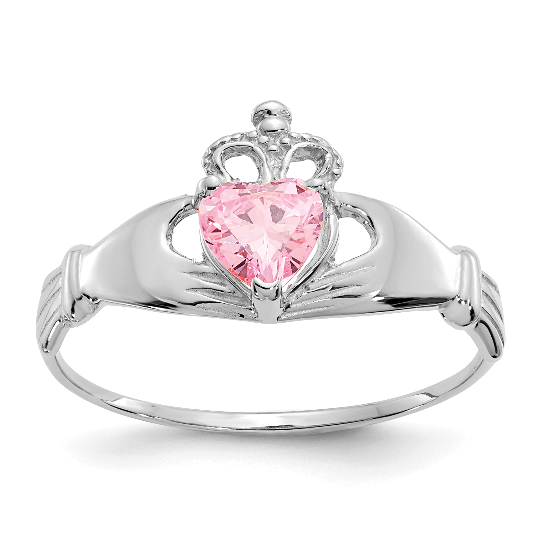 14k White Gold CZ October Birthstone Claddagh Heart Ring (D1789)