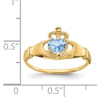 14K Yellow Gold CZ March Birthstone Claddagh Heart Ring view 3