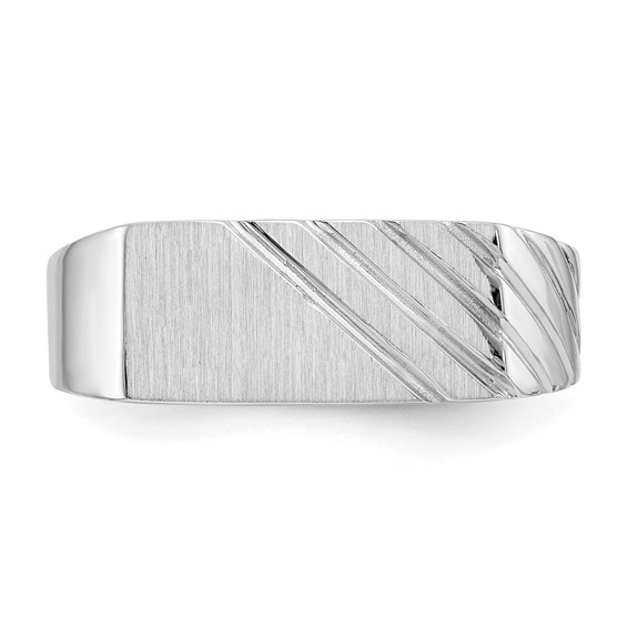 14k White Gold 16.5x7.5mm Rectangle Stripe Open Back Mens Signet Ring