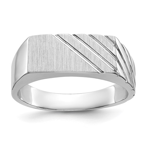 14K White Gold 16.5x 7.5mm Rectangle Stripe Open Back Mens Signet Ring
