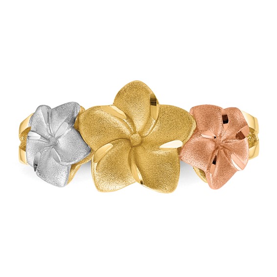 14k Tri-color Three Plumeria Flowers Ring