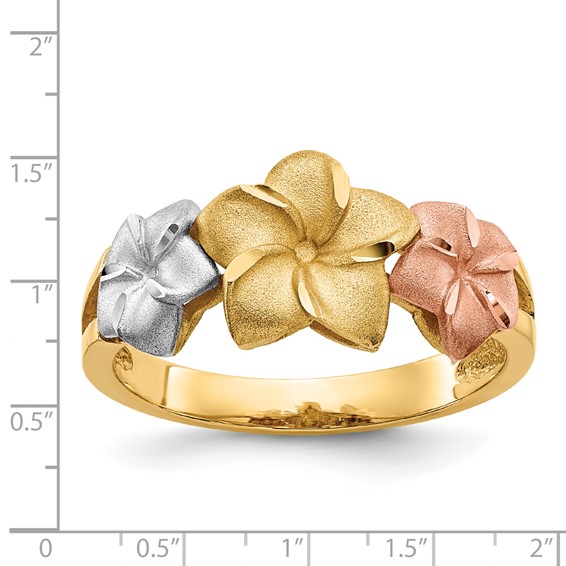14k Tri-color Three Plumeria Flowers Ring