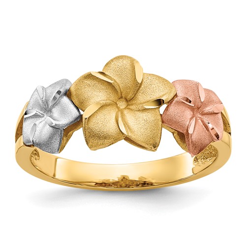 14K Tri-color Three Plumeria Flowers Ring