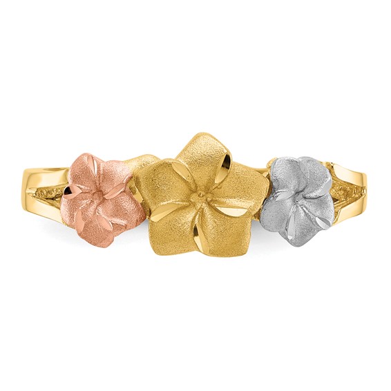 14k Tri-color Three Plumeria Flowers Ring